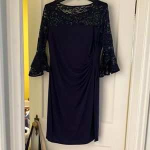 Navy ruched and sequin lace bell sleeve dress 12